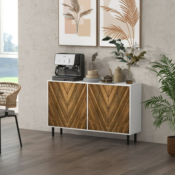 HOMCOM Sideboard Buffet Cabinet with Chevron Doors, Pine Wood Legs, Brown