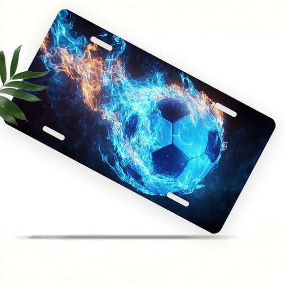 License Plate, Fiery Soccer Ball Decorative Front,Personalized Stainless Steel License Plate Cover For Men Women,12.2" X 6.2"