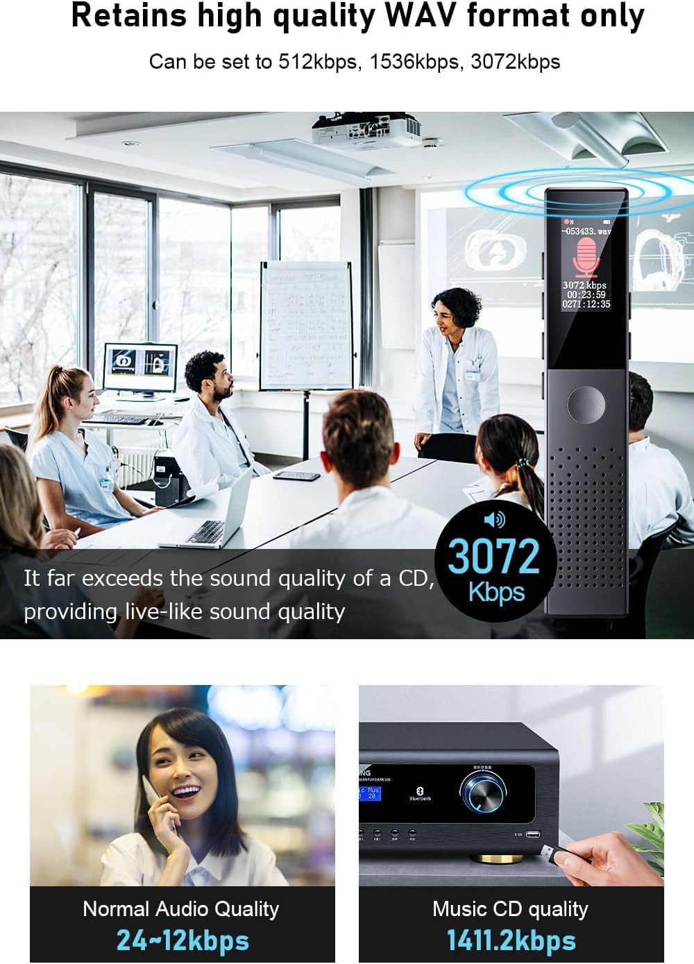 MUSICOZY Voice Recorder Compact IC Recorder MP3 Player [64GB Large Capacity & Bluetooth 5.2 & 3072kbps Sound Quality] VOR Recording AB Recording Repeat Playback Bluetooth Lecture Recording