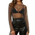 thumbnail image 2 of Fshinging Sexy Mesh Long Sleeve Hollow Out Pearl Rhinestone Sheer Crop Tops Fashion See Through Slim Fit Clubwear Clothing Tops, 2 of 5