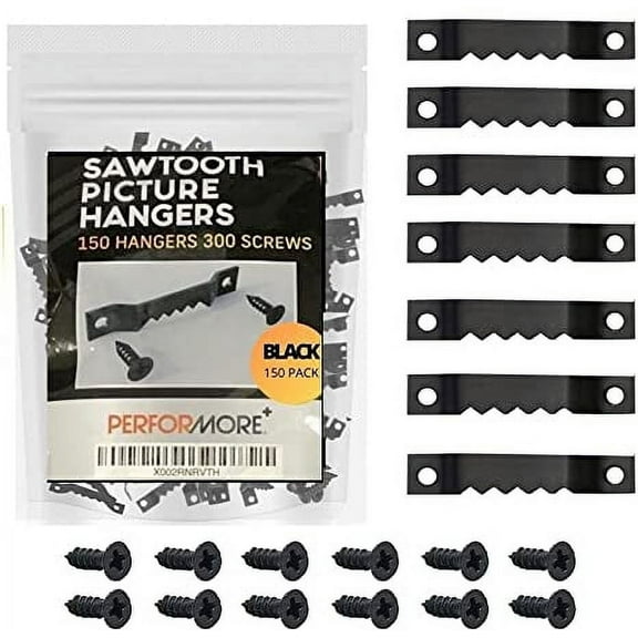 PERFORMORE Sawtooth Picture Hangers, 150 Pack Picture Frame Hanging Hardware, Double Hole Photo Frame Hangers with 300 Screws, for Wall Clock Paintings Decor Artwork Picture Frame Hook Photos (Black)
