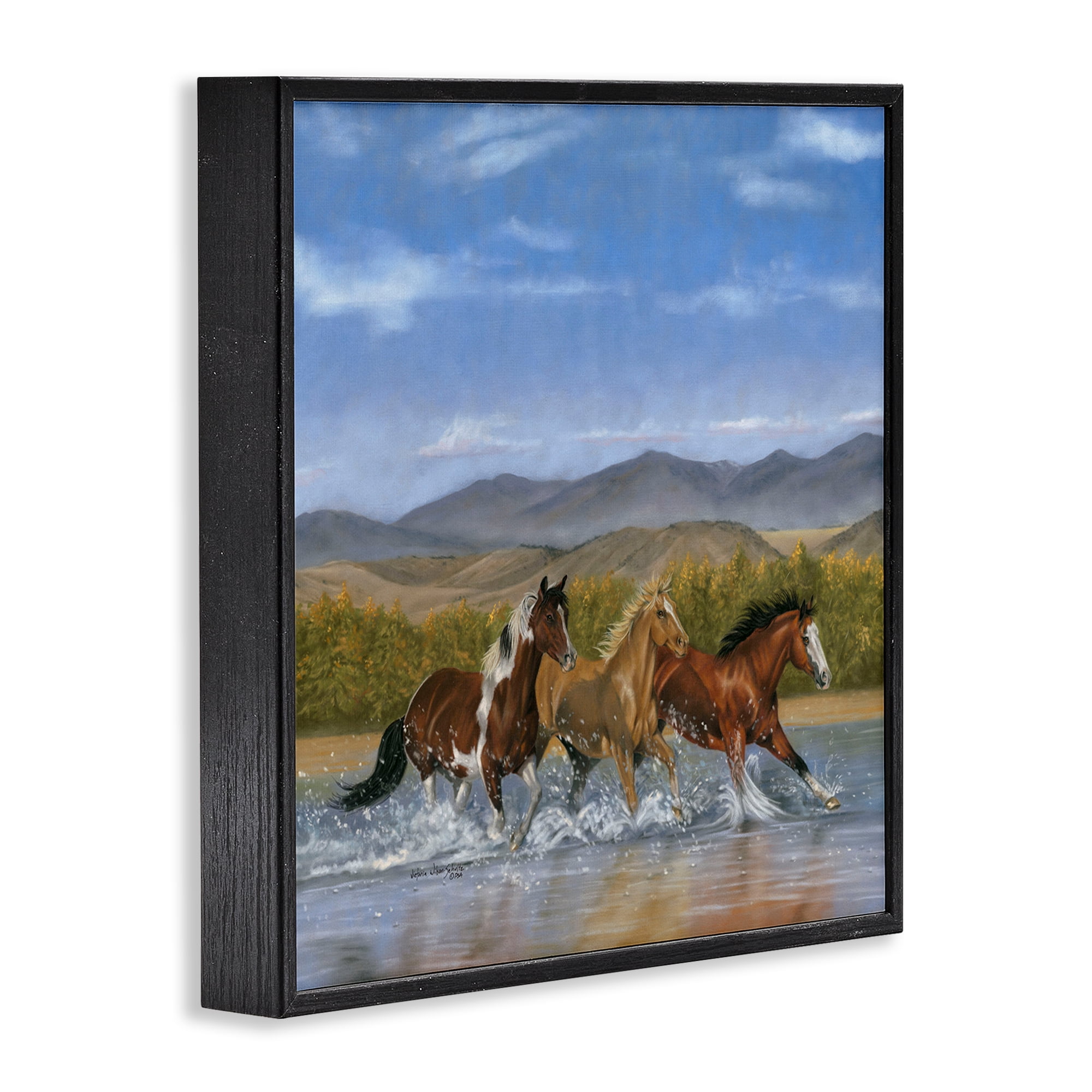 Stupell Industries Splashing River Horses Animals & Insects Painting Black Framed Art Print Wall Art, 24 x 24
