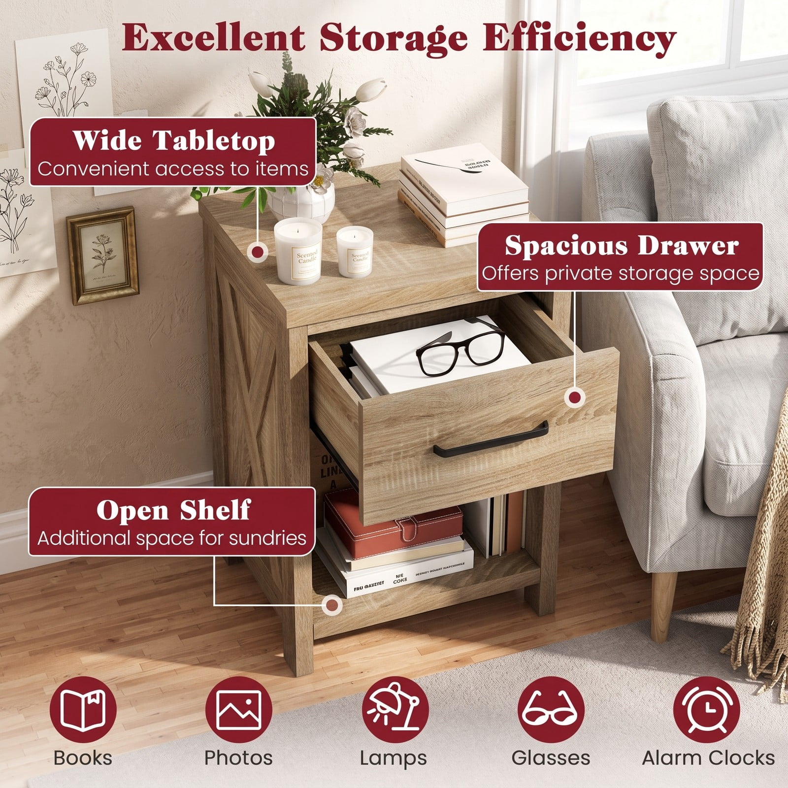 Furnibear Farmhouse Nightstand with Drawer and Open Shelf Bedside Table with X Side Accents for Bedroom Living Room, Natural