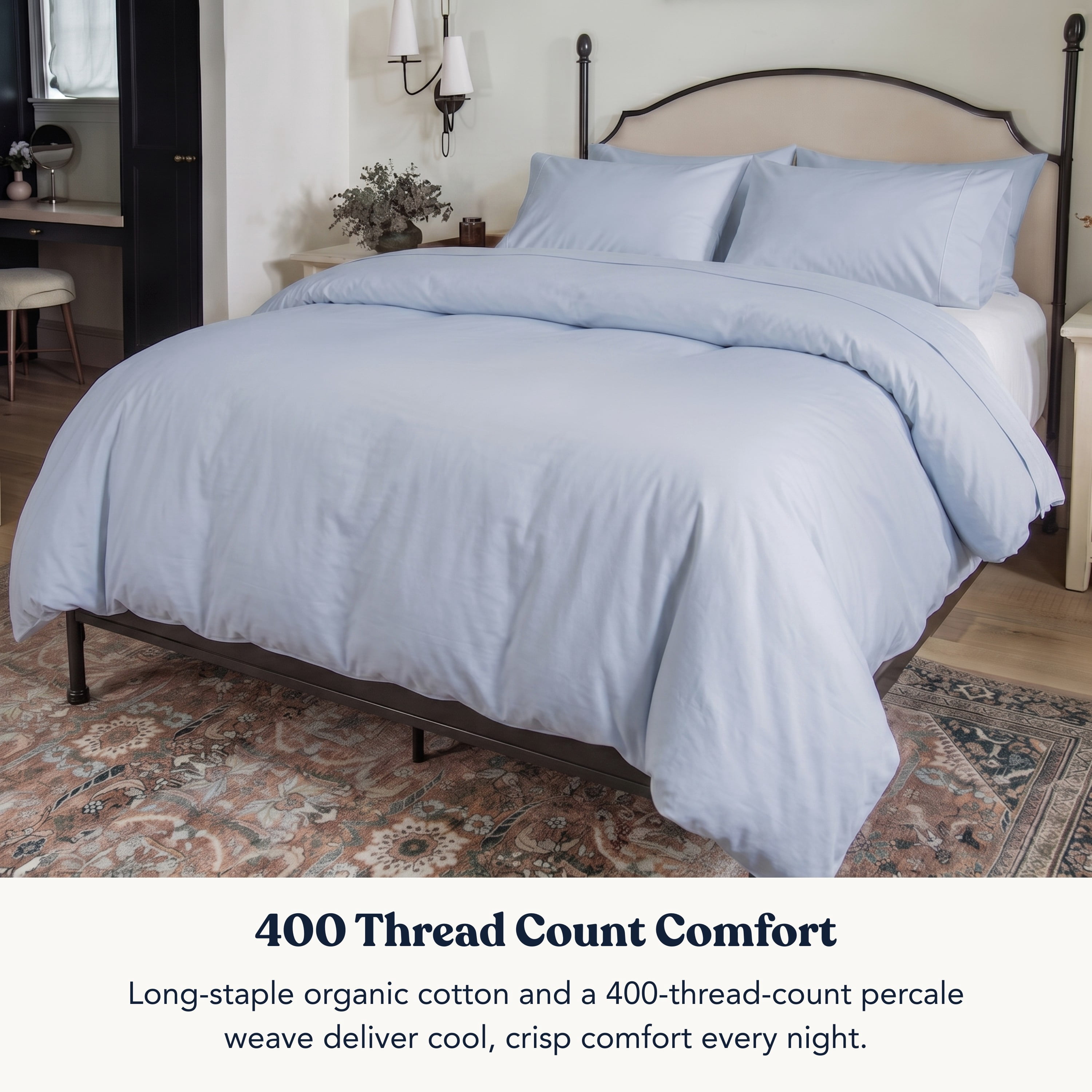 Delara Queen Organic Cotton Percale Duvet Cover Set 3-Piece with Sham, 400TC, Soft Breathable Bedding, GOTS Certified, 8 Ties, Light Blue