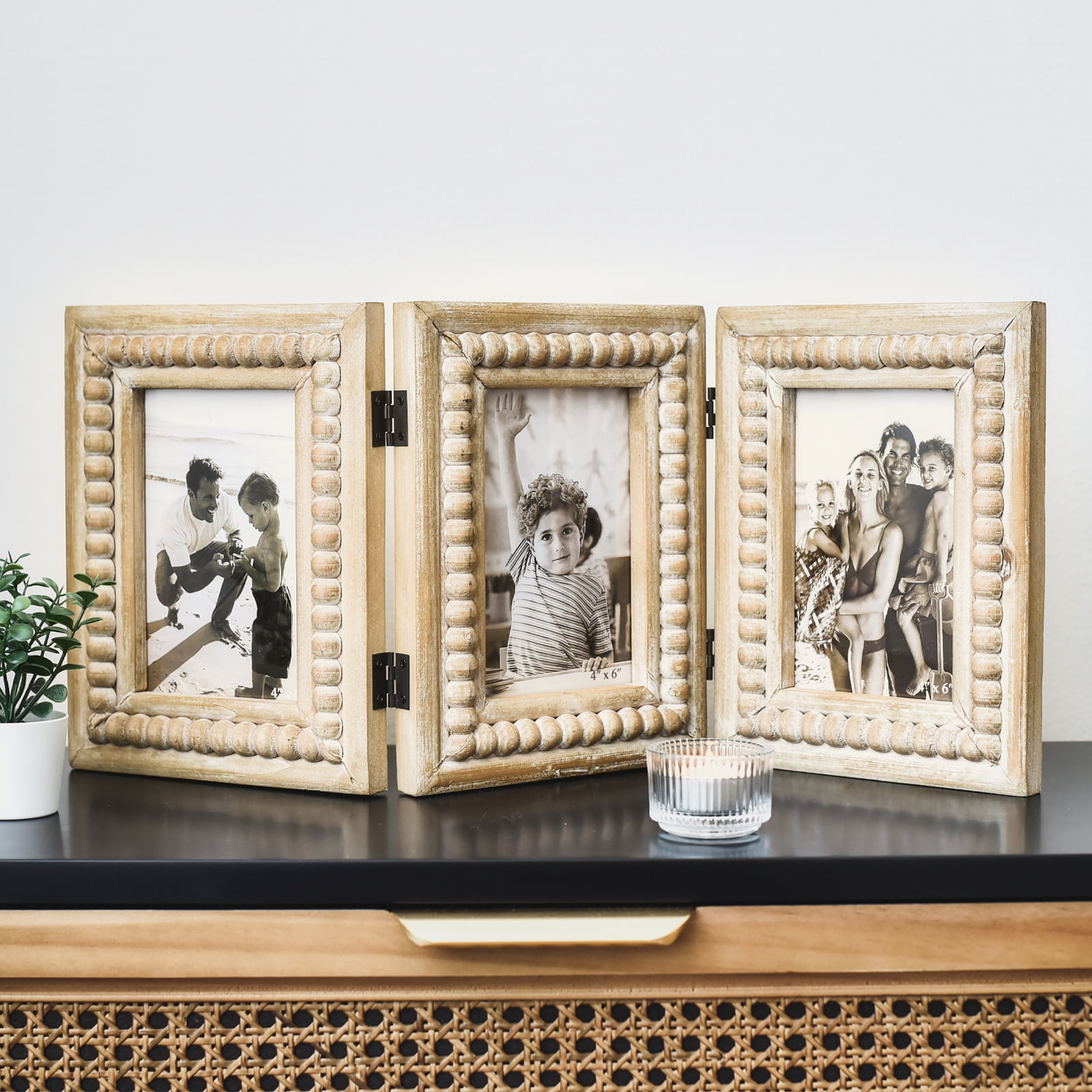 MODE HOME Rustic Distressed 3 Photos Folding Picture Frame Collage with Decorative Wood Beads, 3 Picture Frames 4x6 for Table or Wall Hanging, Farmhouse Gift Idea for Family and Friends