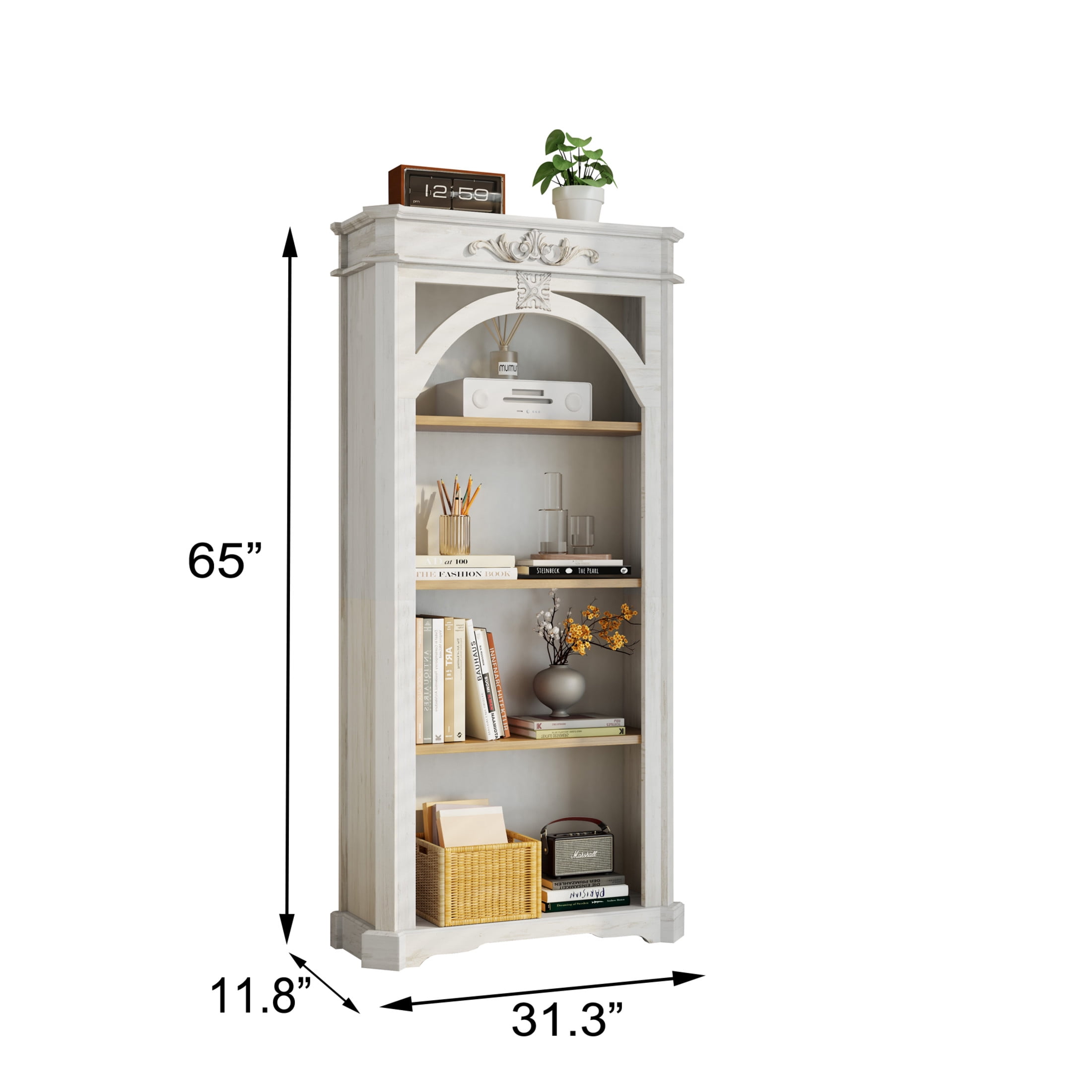 Noble House 65" Antique 4-Tier Bookcase, Tall Open Display Shelf for Home Office, Living Room, White
