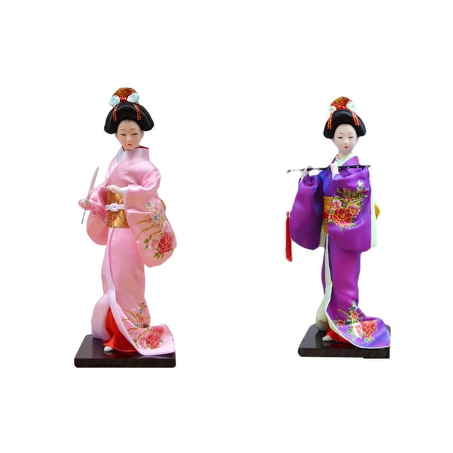 2 muñecas geisha japonesas con kimono de 28 cm (11 pulgadas), estatua humanoide de chica geisha asiática para Rosa Púrpura