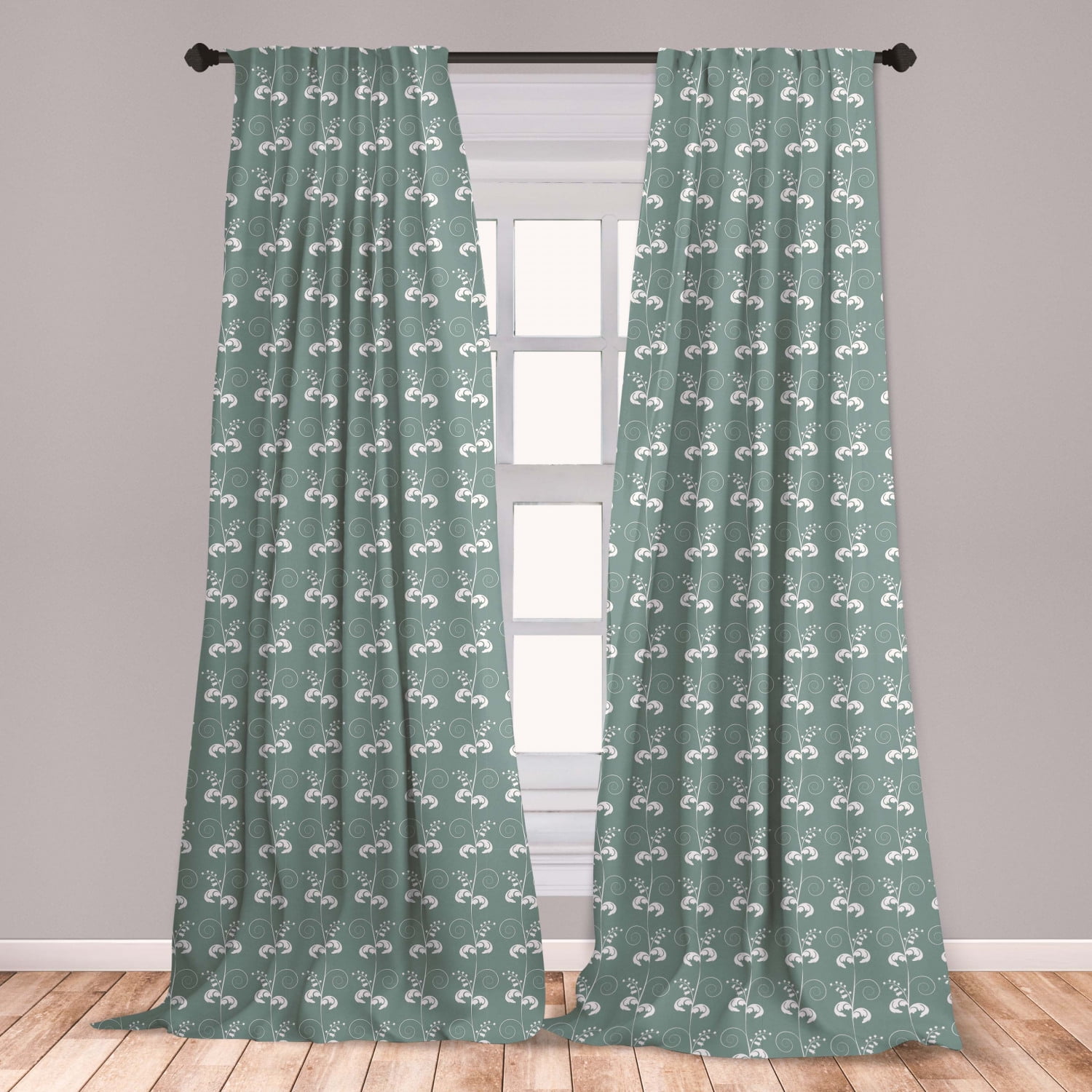 Green Curtains 2 Panels Set, Victorian Style Swirled Branches Twings