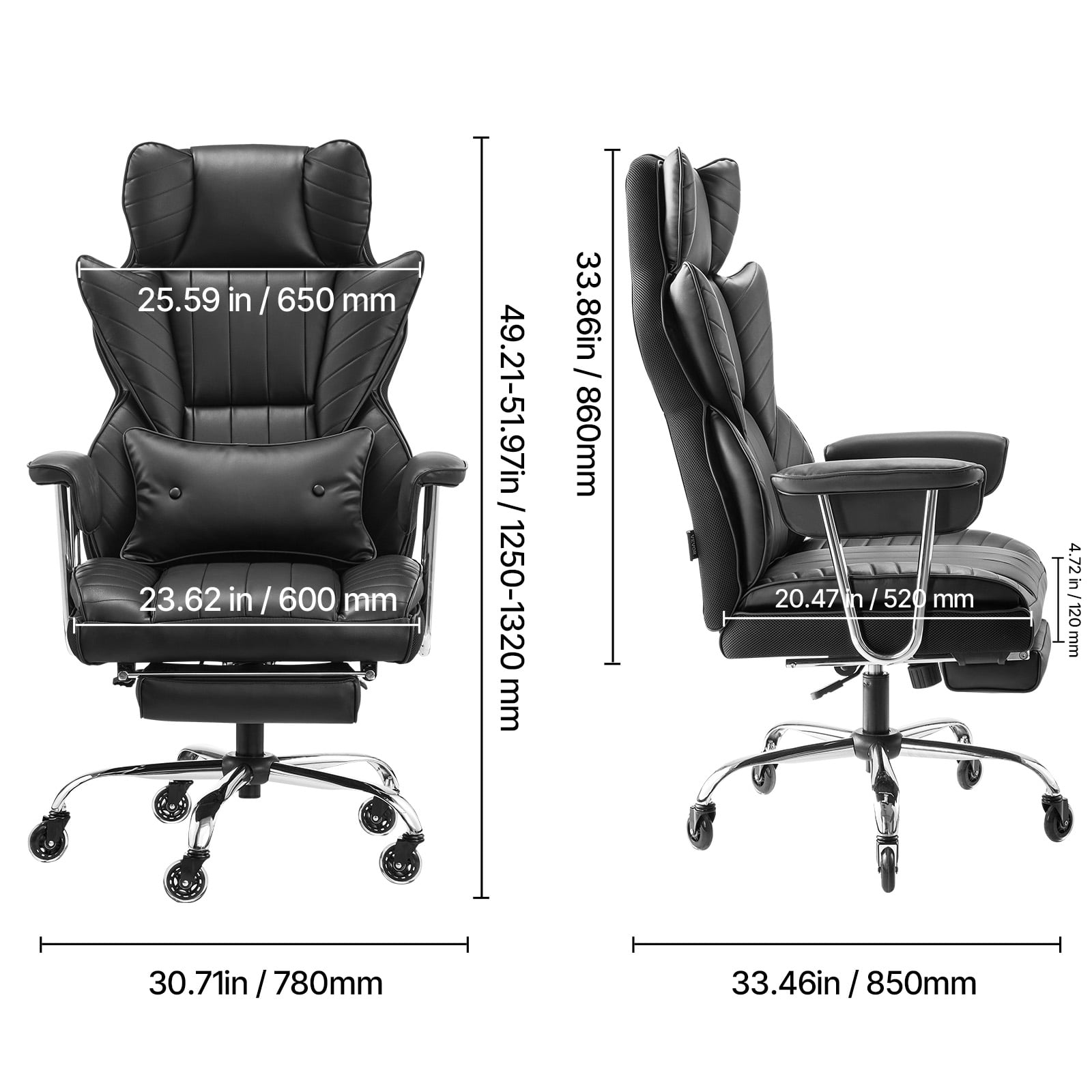 VEVOR Executive Office Chair with Footrest, 400lb Capacity Office Chair with Lumbar Pillow & Removable Armrests, Heavy Duty Ergonomic Chair, PU Leather Reclining Home Office Desk Chairs, Black