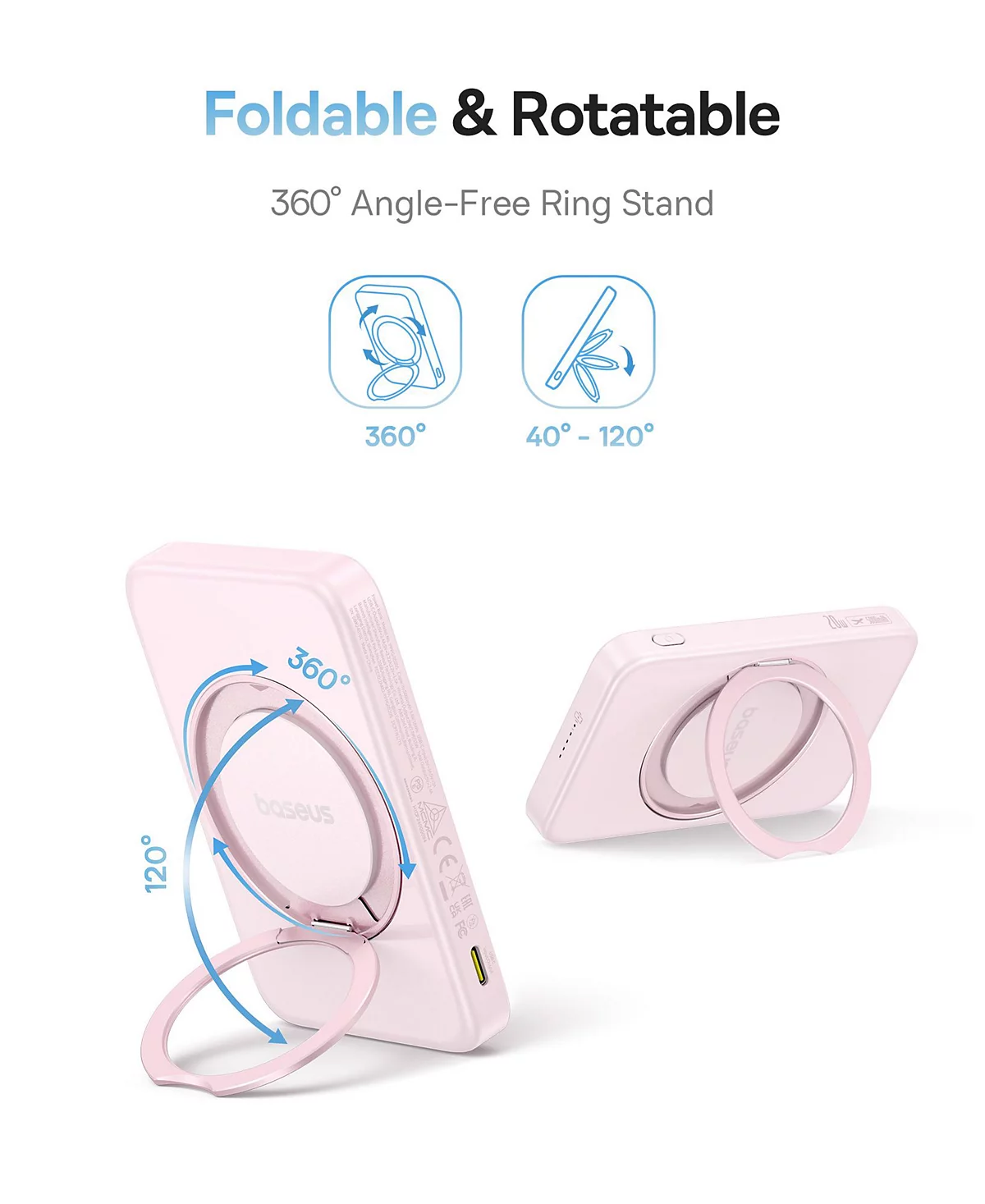 Baseus Qi2 MagSafe Power Bank, PicoGo 5000mAh Wireless Portable Charger with 360° Rotatable Ring Stand, Magnetic Power Bank for iPhone 16/15/14,Pink