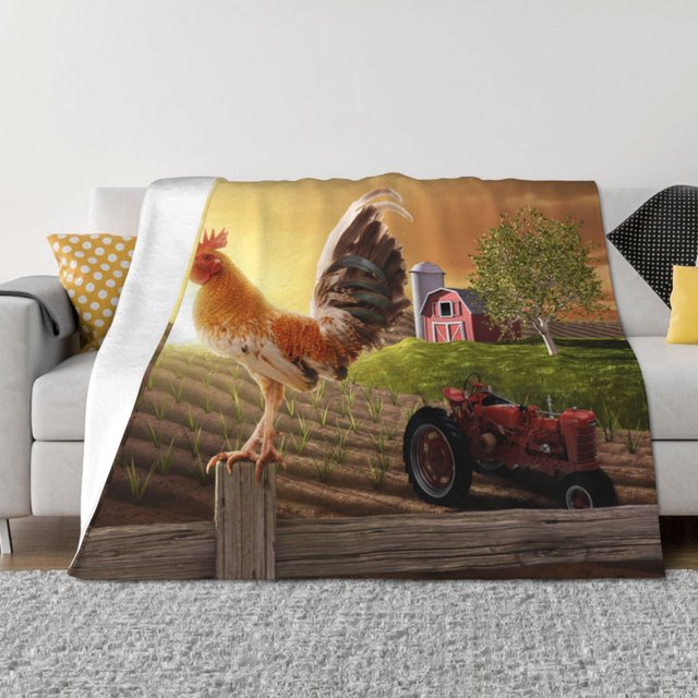 Balery Country Farm Morning Rooster Manta de Franela con Dibujo, Lujo Ultra Suave y Cálido, Antipelusa y Resistente a las Arrugas para Cama, Sofá, Camping -80"x60"