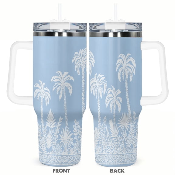 40oz Palm Tree Tumbler with Handle and Straw Blue Tropical Beach Stainless Steel Insulated Travel Coffee Cup Gift