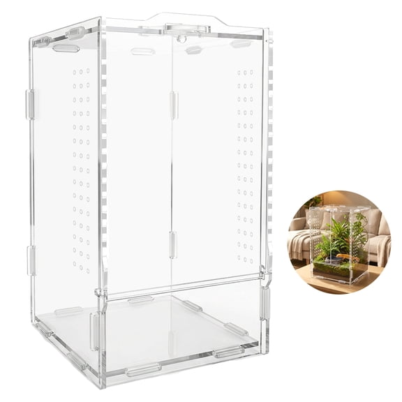 Acrylic Reptile Enclosure, 360 Degree Clear View Terrarium Breeding Box with Magnetic Closure, Micro Habitat Cage with Ventilation Holes for Jumping Spider, Tarantula, Snail