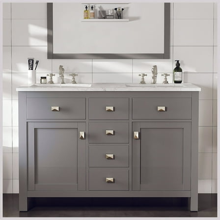 Totti Artemis 48" Gray Transitional Double Sink Bathroom Vanity w/ White Carrara Style Quartz Top