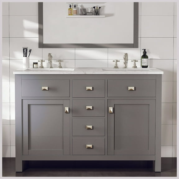 Totti Artemis 48" Gray Transitional Double Sink Bathroom Vanity w/ White Carrara Style Quartz Top