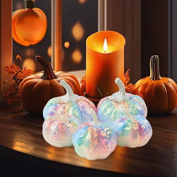 IPEWLEX 5Pcs Thanksgiving Sequined Pumpkin Decor - Resin Tabletop Ornaments for Fall Home Decor, Centerpieces & Holiday Displays