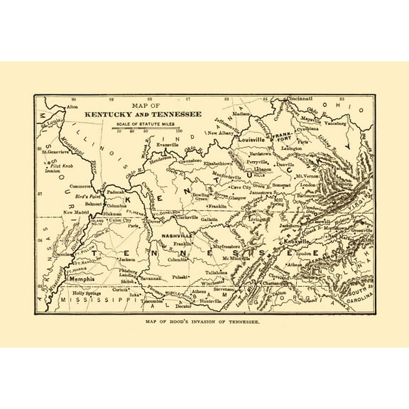 Historical Civil War Map - Tennessee Hoods Invasion -Century 1864 - 32.86 x 23 - Vintage Wall Art