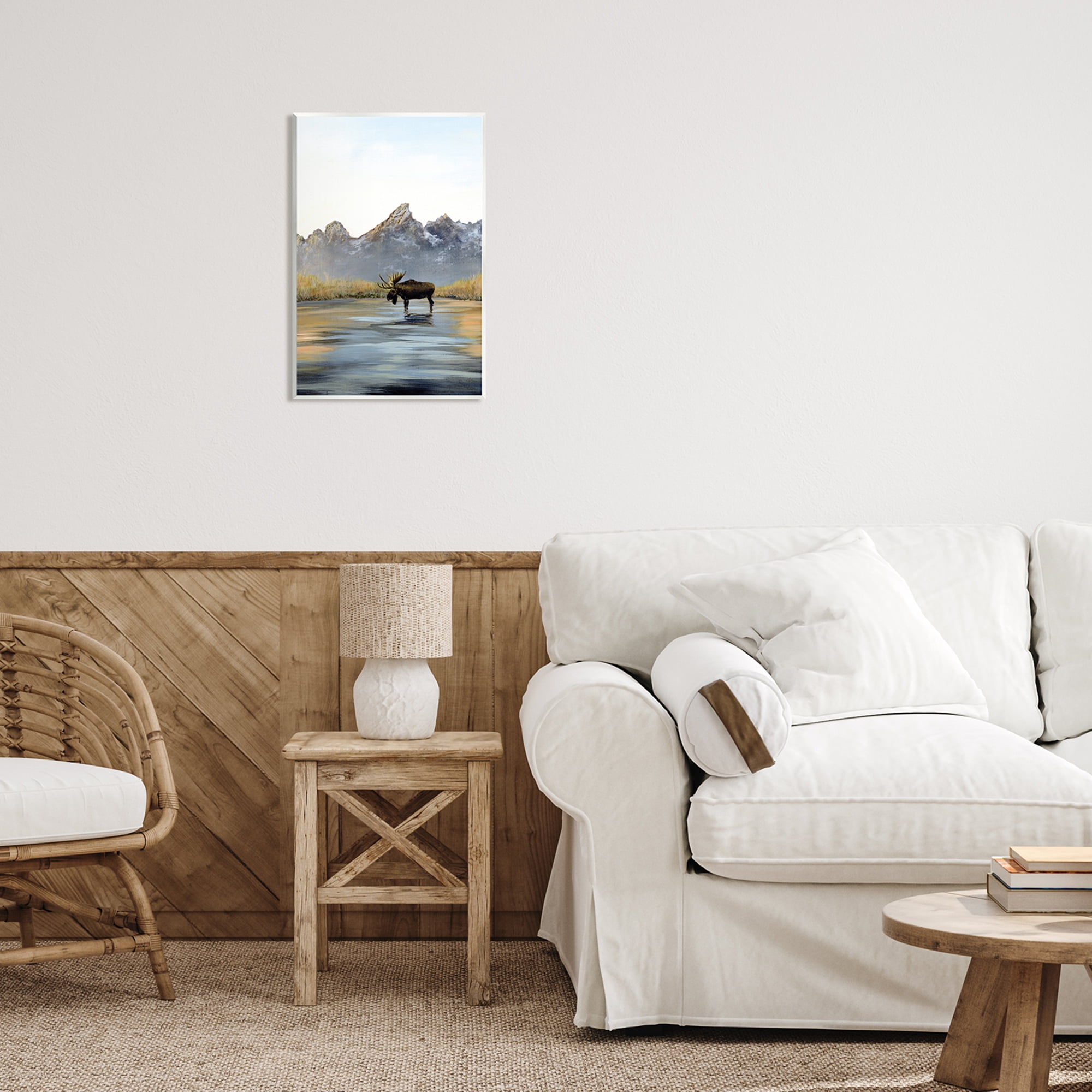 Stupell Industries Moose in Lake Scenery Nature Painting Unframed Art Print Wall Art, 13 x 19