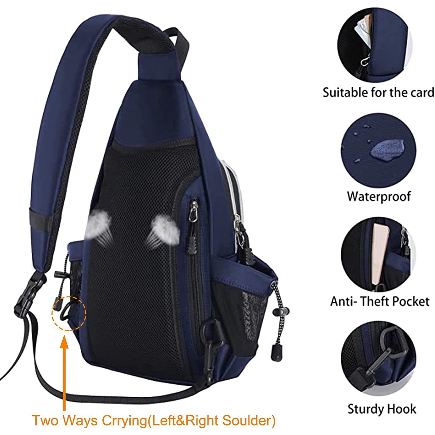 Mosiso Sling Backpack Chest Shoulder Bag Double Layer Hiking Daypack Men/Women,Navy Blue