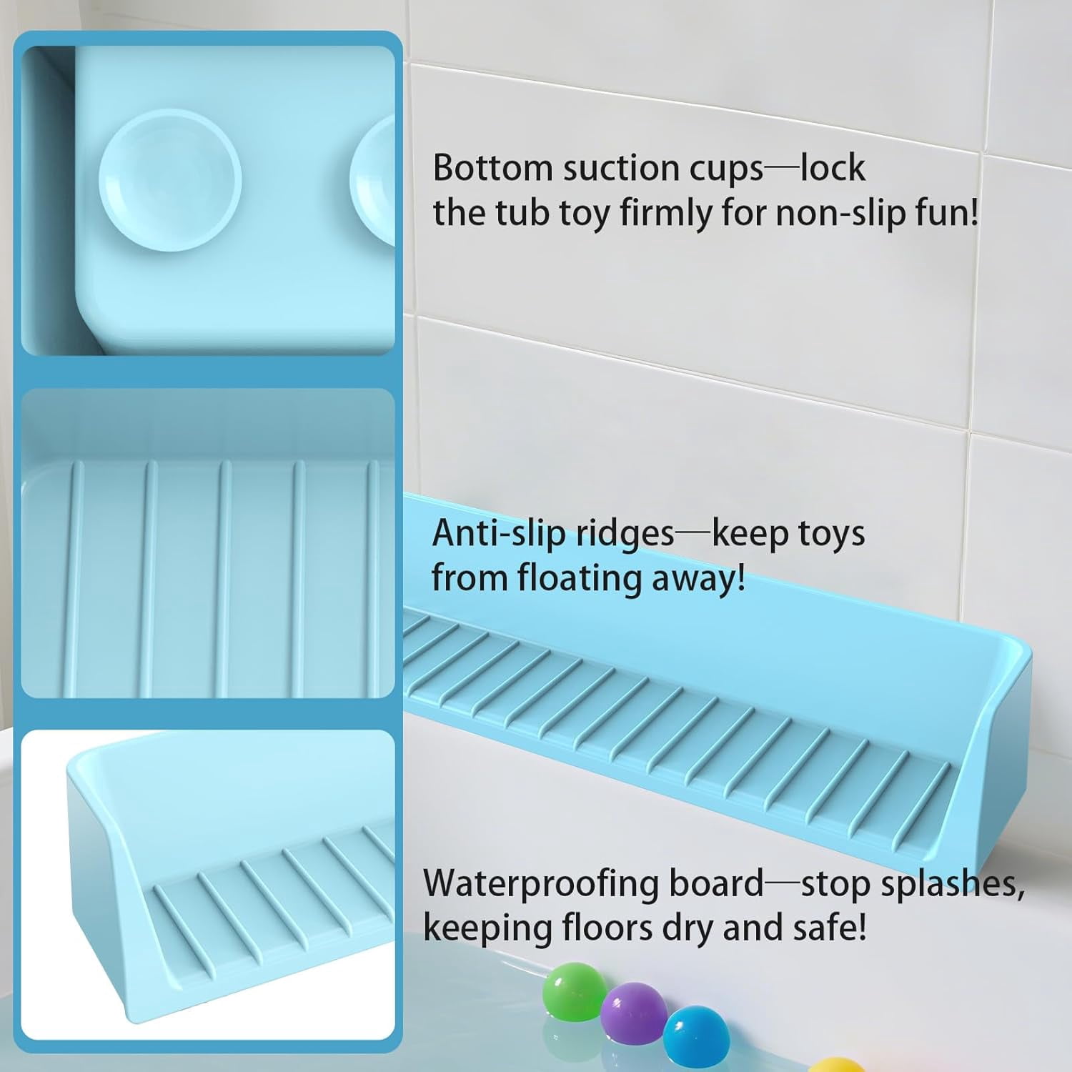 Bathtub Splash Guard with Toy Tray and Strong Suction Cups, Silicone Water Barrier Keeps Floor Dry, Bath Shelf Storage for Baby Toddler Bath Time, Foldable No Mess Accessory for Tub