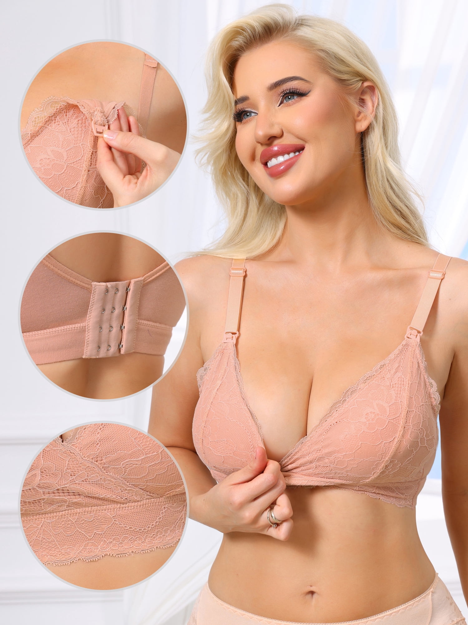 DARING DIVA Women's Lace Breastfeeding Wireless Soft Cup Nursing Bras XL Pink