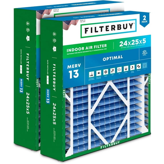Filterbuy 24x25x5 Air Filter MERV 13 Smoke Defense, Pleated HVAC AC Furnace Filter Replacement for Carrier, Maytag & More, 2-Pack