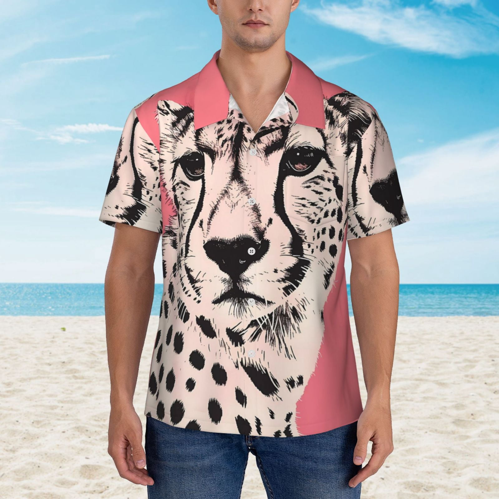 Logiee Pink Cheetah Art Print Mens Hawaiian Shirts,Loose-Fit Short Sleeve Button Down Tropical Aloha Beach Shirt,Summer Vacation Wedding Tops,Medium