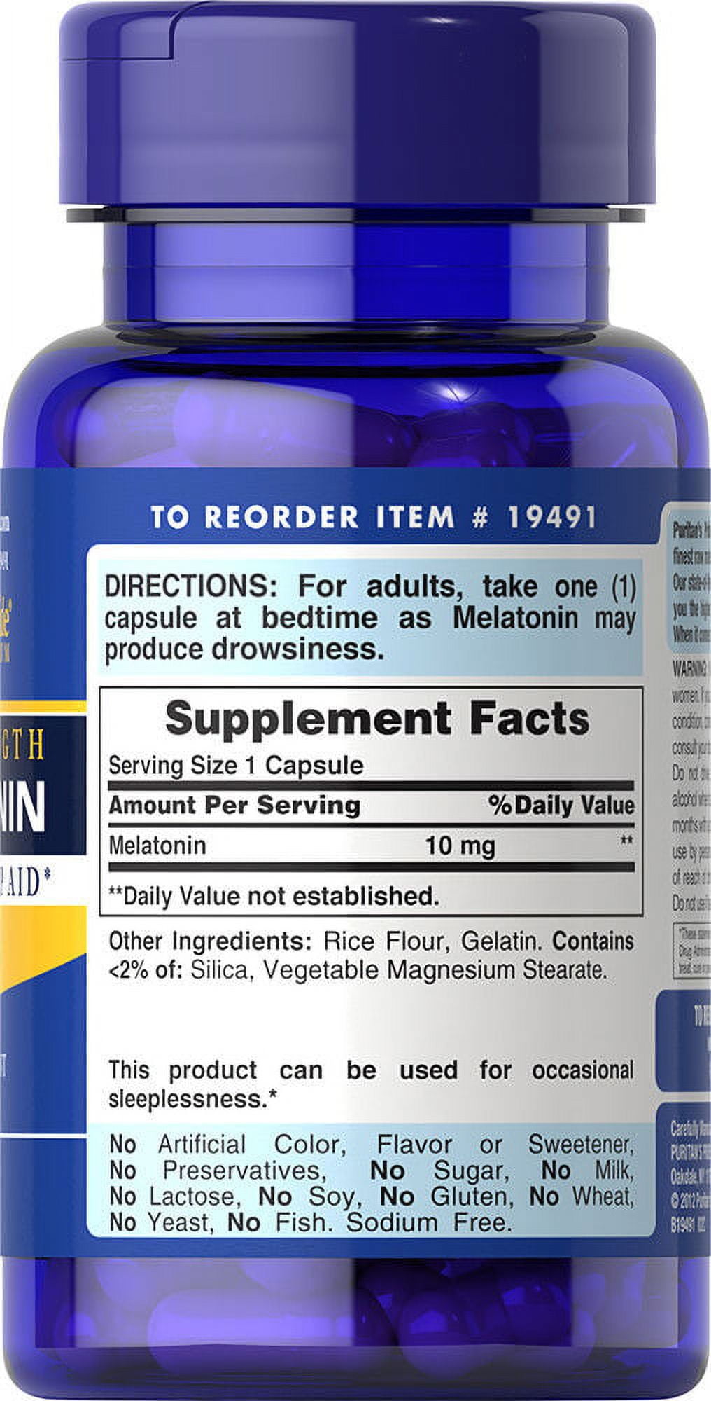 Puritan's Pride Super Strength Melatonin 10mg Rapid Release Capsules, 60-Count