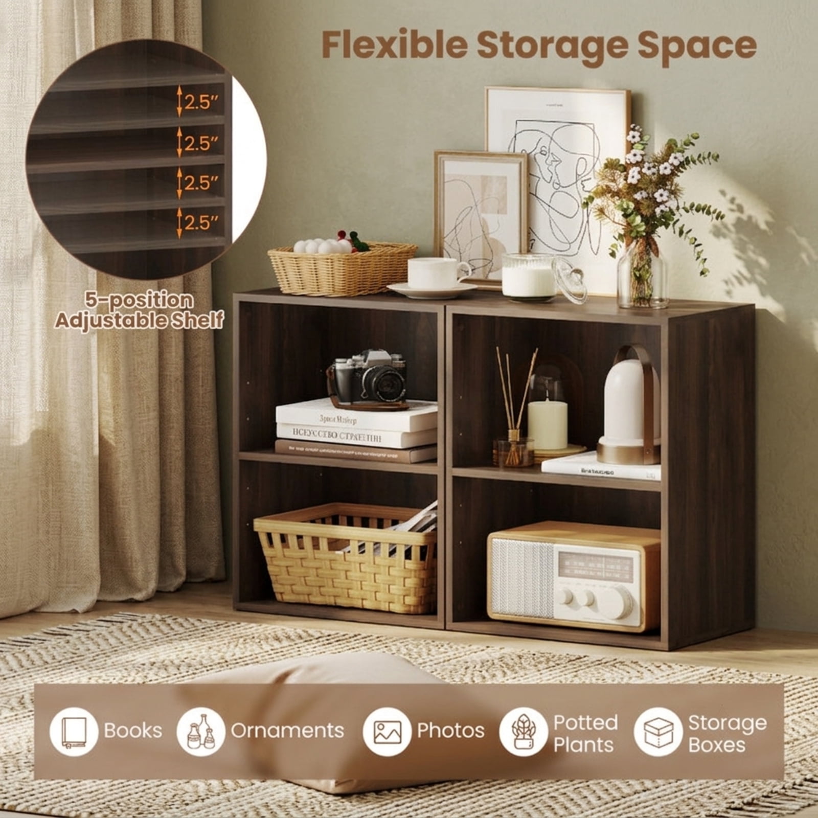 Furnibear 2-Cube Floor Standing Open Bookshelf with 5-Position Adjustable Shelf and Anti-Slip Foot Pads for Books Photos and Storage Boxes, Brown