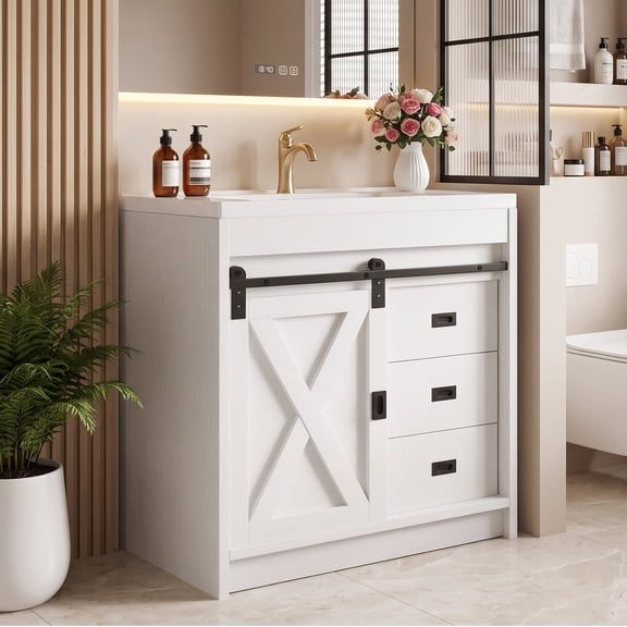 DreamCurship 32" Bathroom Vanity with Sink Combo, White Bathroom Storage Cabinet with Drawers, Farmhouse Bathroom Vanity Cabinet with Sliding Barn Doors, White