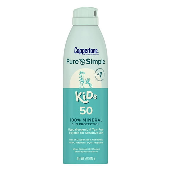 Coppertone Pure and Simple Kids Mineral Sunscreen Spray SPF 50, Hypoallergenic, Fragrance Free, 5 oz