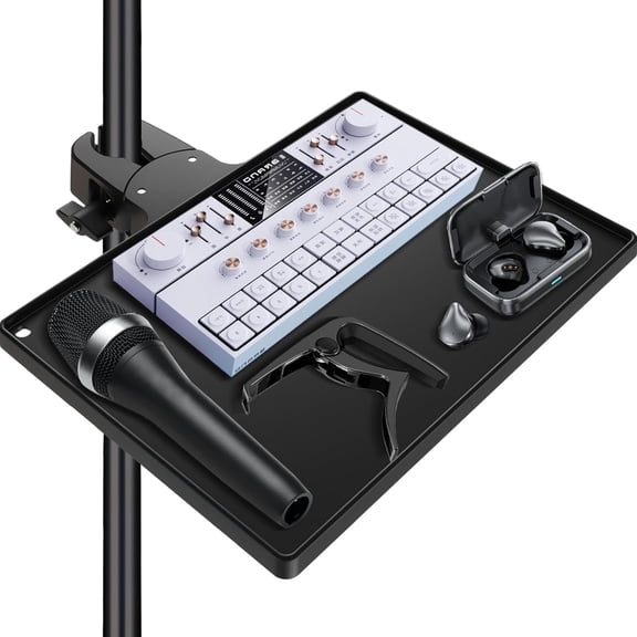 Microphone Stand Tray with Crab Clamp, 10.6" x 7.8" Large Tray Shelf Attachment Clamp on Studio Music Floor Stands for Storage
