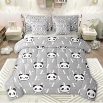 jejeloiu Cute Animal 7-Piece Twin Bedding Sets,Kawaii Zoo Panda Bedding Comforter Set,Gray White Black Sheet Sets For Kids,Microfiber Bedroom Decor Reversible