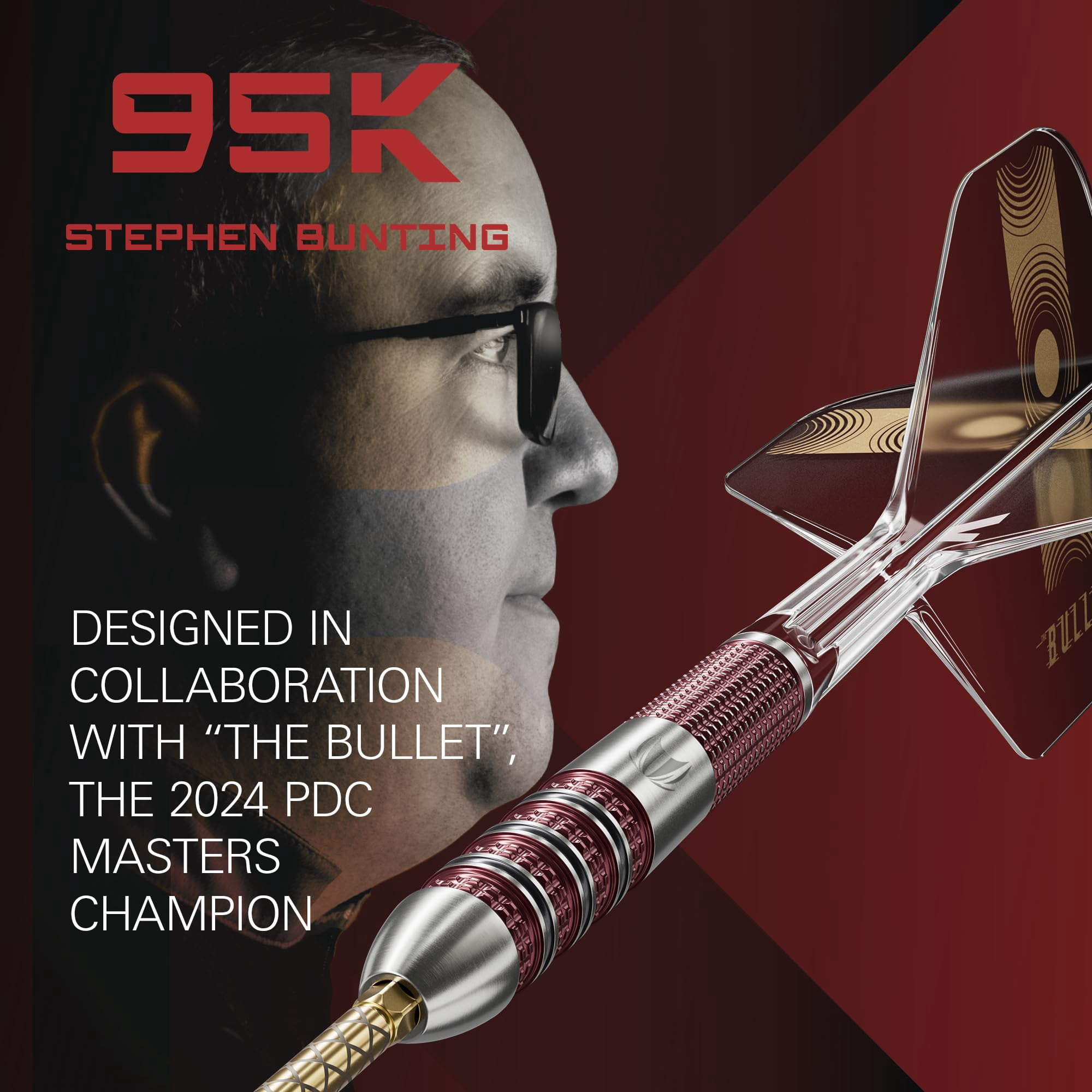 Target Darts Stephen Bunting 95K Swiss Point Steel Tip Dart Set, 18G | Kflex Flights & Shafts, The Bullet Player Edition 95% Tungsten Darts, Spare Gold DX Points & Premium Keyring SP Tool