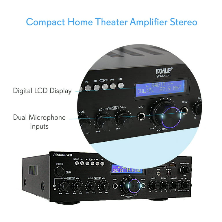 Pyle Wireless Microphone Bluetooth Amplifier - 200W Peak Power Dual Channel  Stereo Audio Receiver w/ USB, AUX in, Dual Mic Inputs w/ Echo Control, RCA