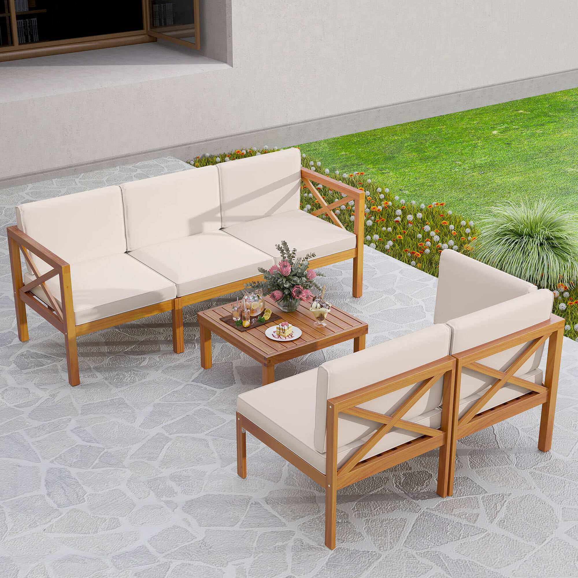Costway 6 PCS Acacia Wood Patio Furniture Set with Cushions and Coffee Table for Garden
