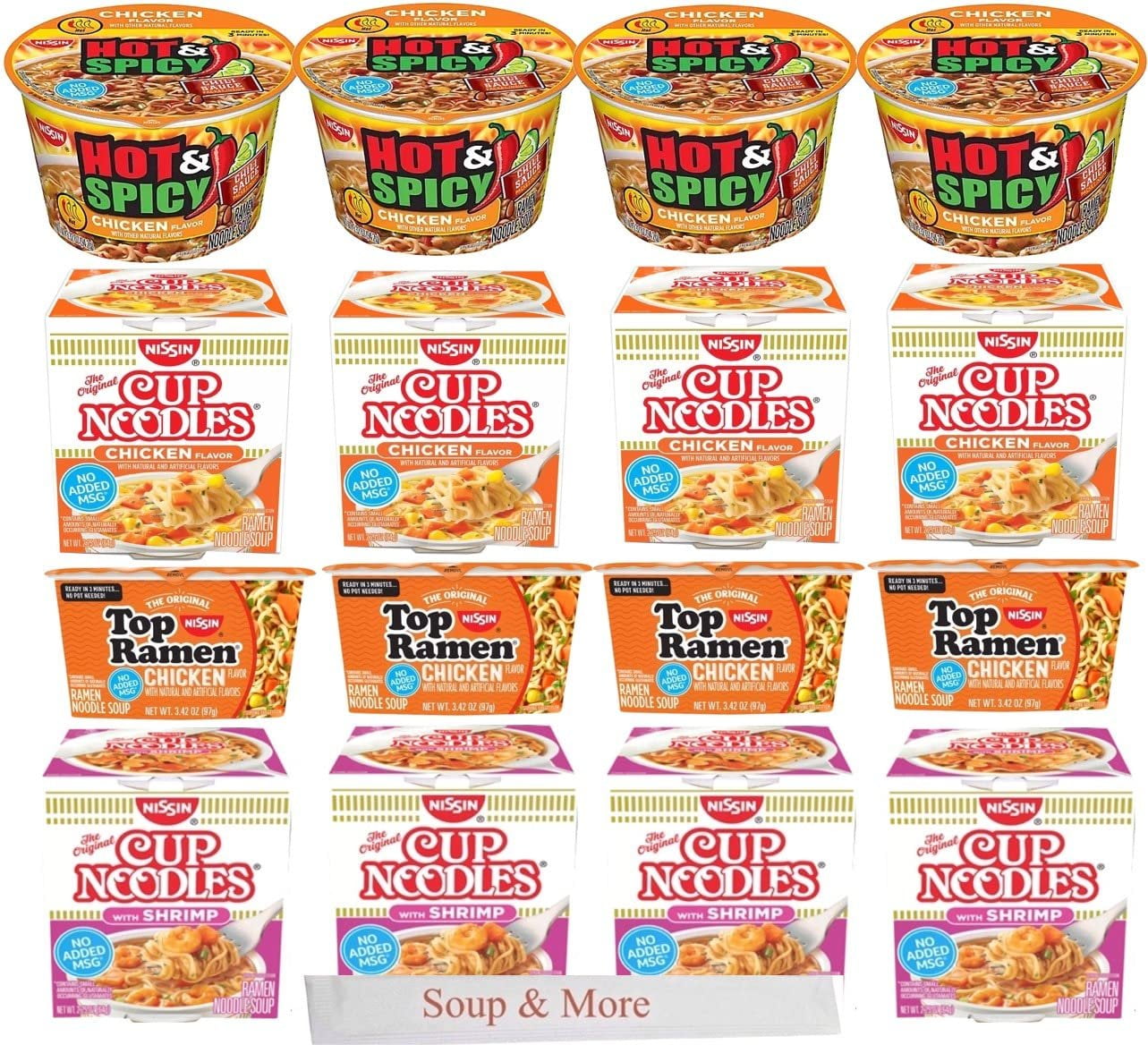 Nissin Cup Noodles Soup Instant Cup 16 Count, 4 Hot & Spicy Chicken Bowl, 4 Chicken Cup, 4 Top Ramen Chicken Bowl, 4 Shrimp Soup Lunch / Dinner Variety, 4 Flavors