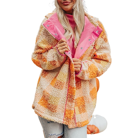Women's Orange Checkered Sherpa Hooded Jacket | [ZhiHiMeRi] | (US 12-14)L
