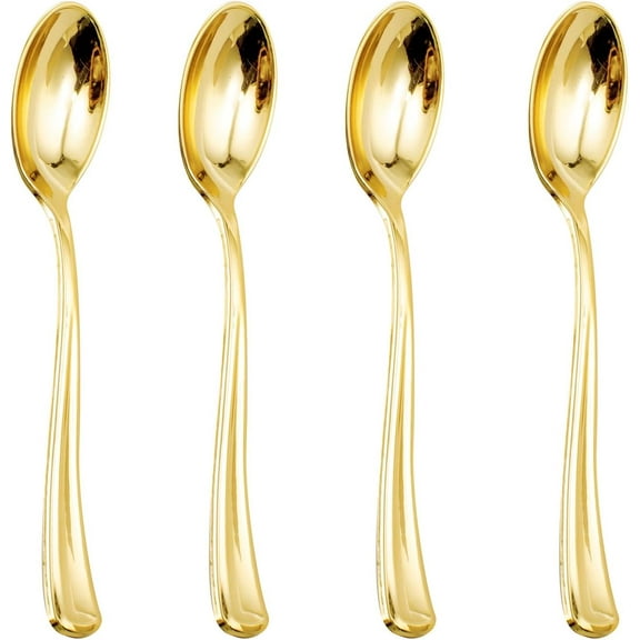 100 Pack Gold Plastic Spoons Disposable - Durable Heavy Duty 6.9 Inch Gold Spoons, Heat Resistant Modern Disposable Spoons Perfect for Thanksgiving Parties, Wedding, Banquets
