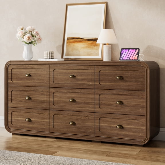 Aphthongs 9 Drawers Dresser for Bedroom with Curved Design, 63" Wide Mid Century Modern Chest Of Drawers With Power Outlet & Egg Knob, Wooden Drawer Organizer for Living Room, Hallway, Walnut