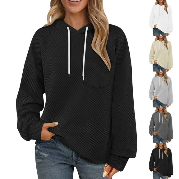 DDAPJ pyju Textured Sweatshirt for Women Lightweight Drawstring Hoodies Loose Casual Pullover Sweatshirts with Pocket