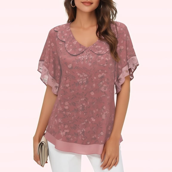 Vmvidoty Womens Summer Floral Double Layers V Neck Dressy Casual Blouses Ruffle Short Sleeve Work Tops for Women Trendy Pink S