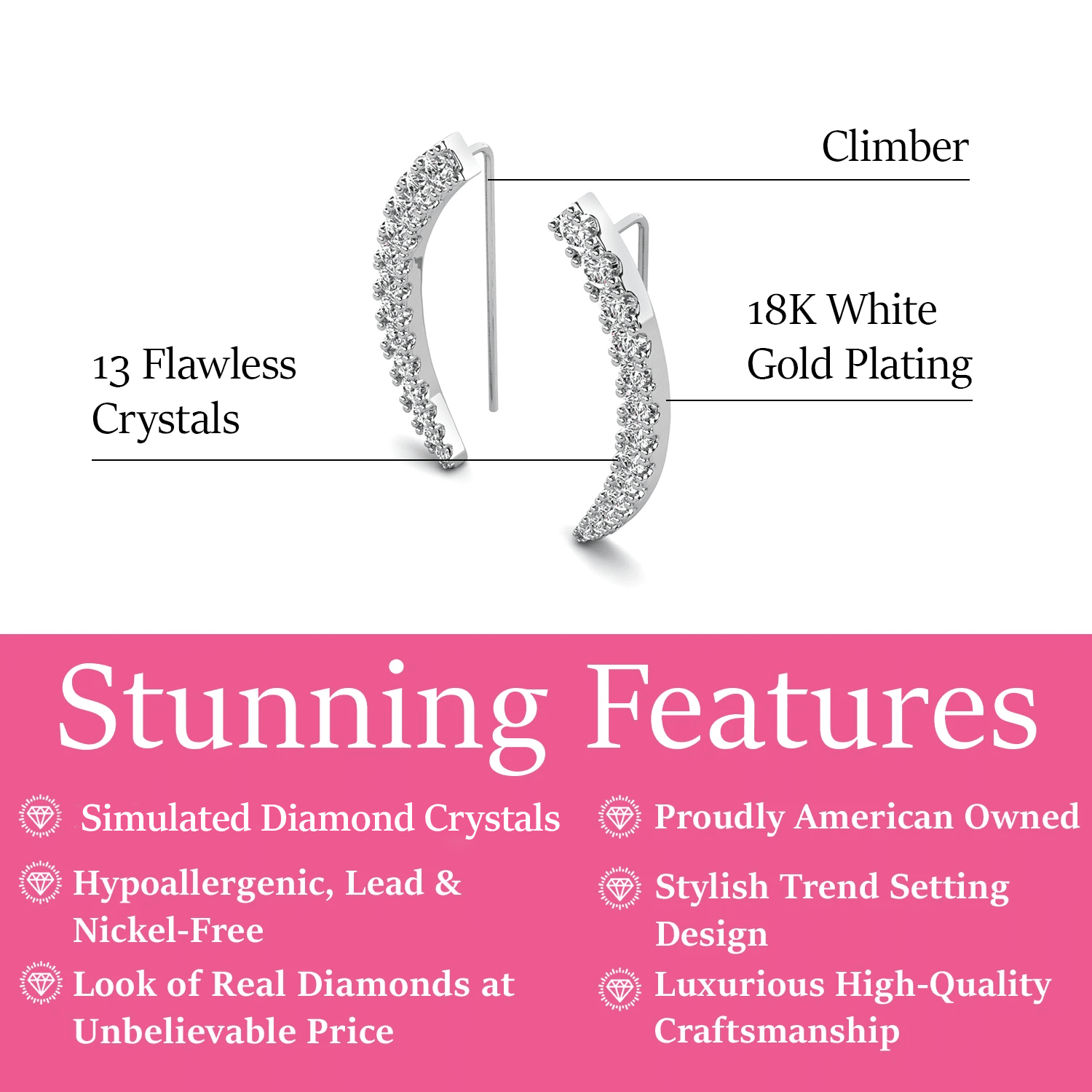 Cate & Chloe Camila 18k White Gold Plated Ear Climber Earrings with Simulated Diamonds for Women