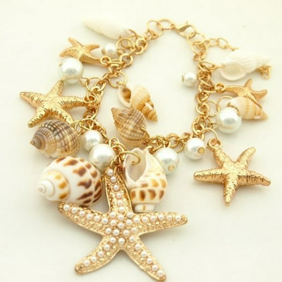 opvise Women Ocean Sea Shell Starfish Faux Pearl Pendant Bracelet Bangle Jewelry Gift