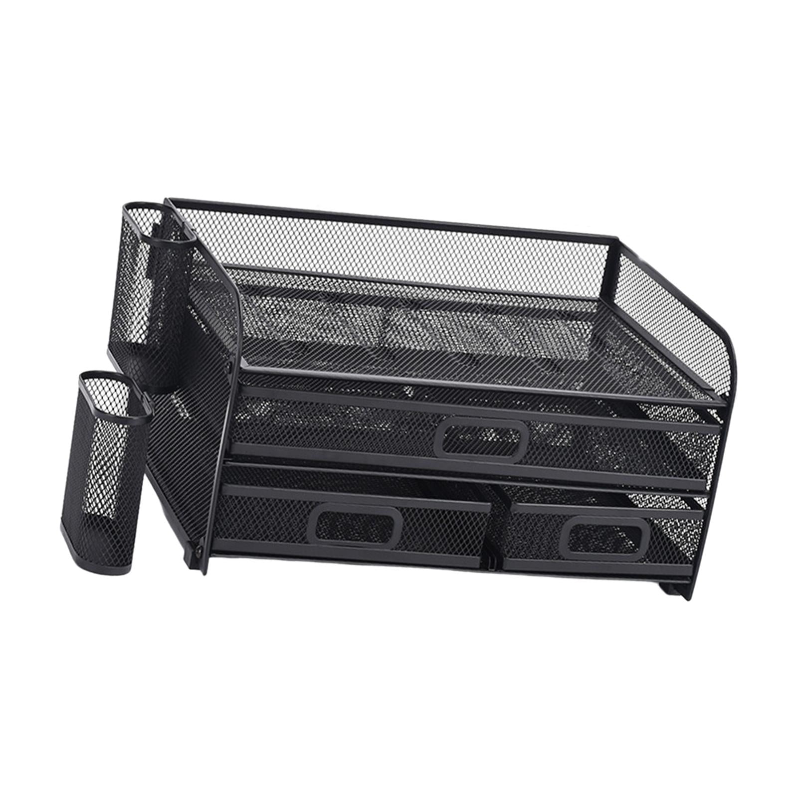 Desk Organizer File Holder Mesh Desktop File Sorter Organizer Office Accessories Organization Metal Folding Document File Tray Rack Desktop with Pencil Holders