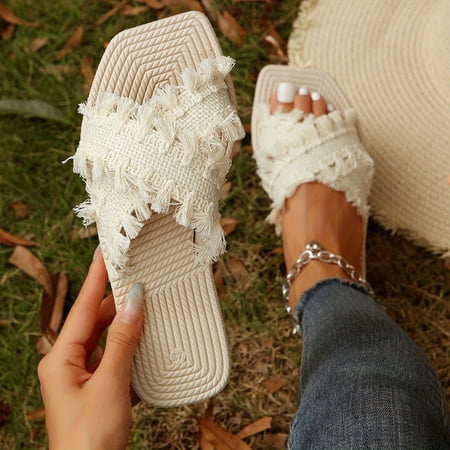 

Women s Tassel Detailed Slide Sandals Casual Slip On Flat Summer Shoes Lightweight Beach Shoes