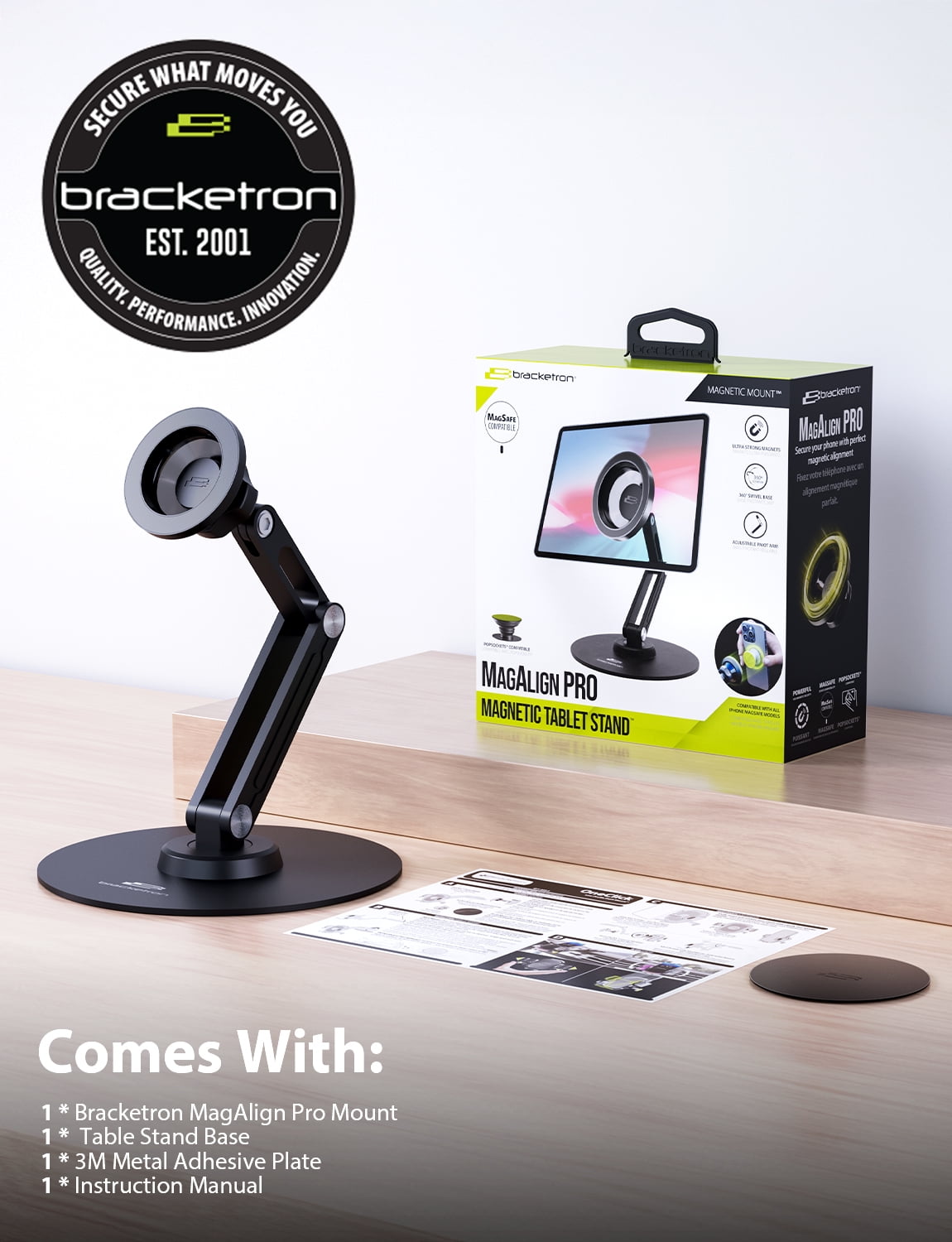 Bracketron MagAlign PRO Magnetic Phone and Tablet Stand with Micro-Suction Base, 360° Swivel, Adjustable Pivot Arm, Includes Metal Plate for Universal Compatibility