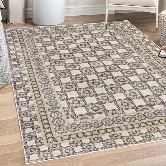 Vintage Decorative Rug, Ethnic Themed Squares and Circle Details Antique Themed Mesh Grid, Quality Carpet for Bedroom Dorm and Living Room, 6 Sizes, Eggshell and Pastel Purple, by Ambesonne