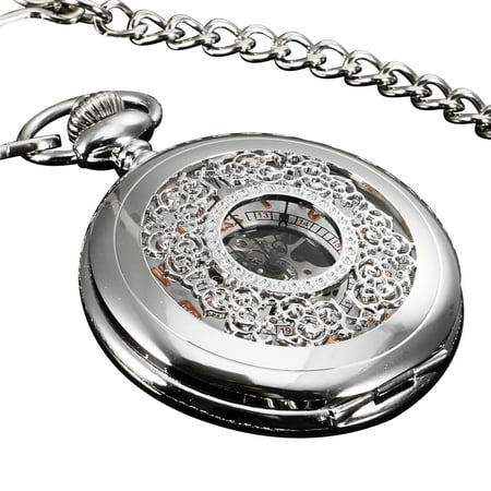- ESS Silver Half Hunter Mechancial Pocket Watch See Through Skeleton Mens Gift