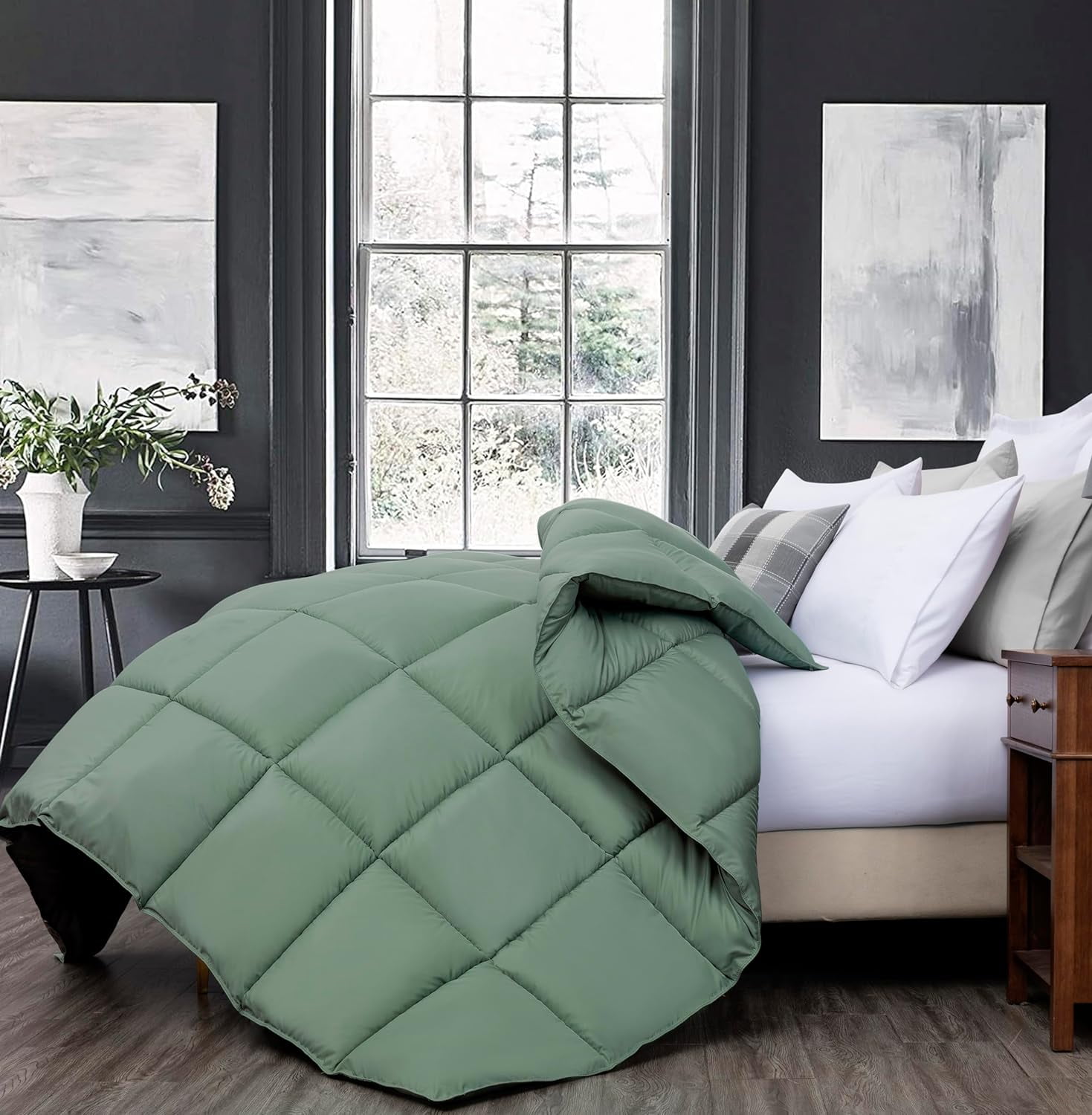 Chezmoi Collection All Season Queen Size Down Alternative Comforter - Plush Microfiber Fill - Box Stitch Quilted - Duvet Insert with Corner Tabs (Full/Queen, Sage Green)